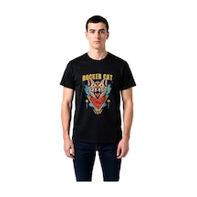 Paybuy Erkek Rocker Kedi Grafik Baskılı Kısa Kollu Tişört %100 Pamuk Müz Siyah