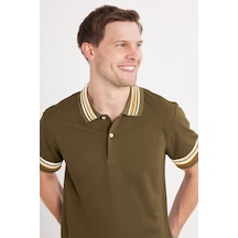 Tudors Erkek Slim Fit Dar Kesim %100 Pamuk Düz Pike Yaka Ve Kol Detaylı Koyu Haki Polo Yaka Tişört-35698 Koyu Haki