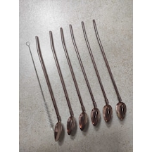 6'lı Paslanmaz Krom Pipetli Kokteyl Bar Kaşığı Ve Temizleme Fırçası, Pipetli Latte Kaşığı 22 Cm - Bronzkahve