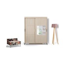 Pasifichome Huga Sürgülü Gardırop Meşe 190Cm / 2 Kapaklı Çekmeceli Dolap