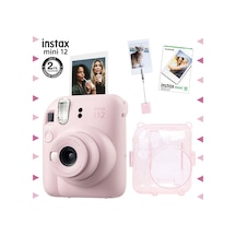 Fujifilm Instax Mini 12 Fotoğraf Makinesi + 10'lu Film + Kıskaçlı Resim Standı + Simli Pleksi Kılıf Seti Pembe