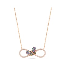 Çekirdekjewelry 925 Ayar Gümüş Sonsuzluk Kelebek Kolye Rose Kaplama, Renkli Taşlı Zarif Tasarım Pembe
