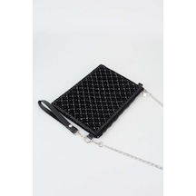 Vivaq Kadın Kapitone Siyah Taşlı Süet Bilek Askılı Ve Zincir Askılı Portföy El Ve Clutch Çanta SİYAH