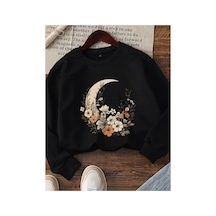 Medinenur Ayçiçek Baskılı 2 İplik Şardonlu Bisiklet Yaka Sweatshirt Siyah