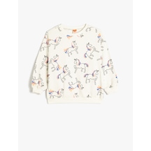 Koton Unicorn Sweatshirt Uzun Kollu Bisiklet Yaka Bej Desenli 5wmg10099ak Ekru
