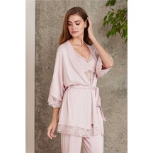 Pierre Cardin Dantelli Sabahlıklı Penye Pijama Takımı Pudra 001