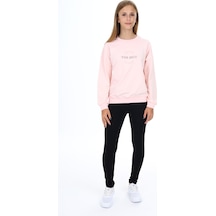 Toontoy Kız Çocuk 2'li Takım Baskılı Bisiklet Yaka Düşük Omuz Sweatshirt & Basic Düz Tayt Pudra