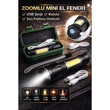 Usb Şarjlı Zoomlu Mini El Feneri Q5 Güçlü Işık Yan Cob Led Sos Mod Kutulu Şarj Kablolu Set