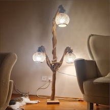 Ev Ofis İçin Uzun Ahşap Sarı Ledli 3 Ampul Lambader Aplik Abajur