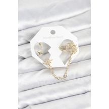 Kutup Yıldızı Model Pirinç Gold Renk Zincir Bağlantılı Ear Cuff Küpe Seti - Çok Renkli