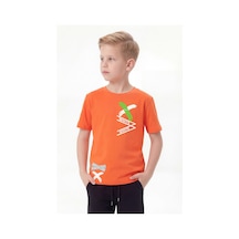 Panios Kids White Yazı Baskılı Yuvarlak Yaka Kısa Kollu Erkek Çocuk Yazlık Tişört Turuncu