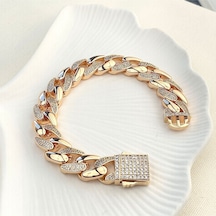 Gurmet Bileklik Tam Tur Zirkon Taşlı Kalın Zincir Çelik Kararmaz Xuping Rose 1,4cm Gold