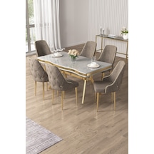 Canisa Vae Serisi 90x160 Lak Panel Beyaz Mermer Desen Gold Ayak Masa Takımı 6 Cappucino Sandalye Beyaz Mermer Desen Masa Sandalyeler Cappucino
