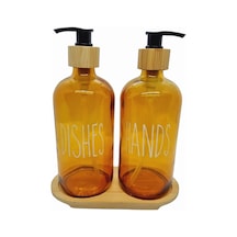 500ml Amber Cam Sıvı Sabunluk Seti, Bulaşık Ve El Sabunu İçin, Bambu Tepsili Siyah