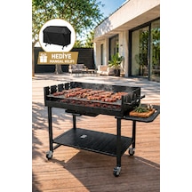 Pro Lüks Dev Kömürlü Mangal Barbekü Arabası Hediye Koruyucu Örtü 137 X 68 X 94 Cm Siyah