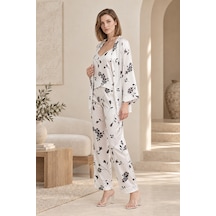 Loule Kadın Beyaz-siyah Çiçekli Kimonolu Saten Pijama Takımı Beyaz - Siyah