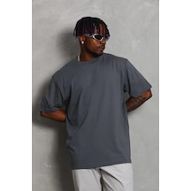 Unisex Oversize Düz Bisiklet Yaka T-shirt - Füme 001