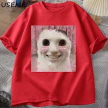 Flood Of Style Goofy Cat Kedi T Shirt Meme Dank Cursed Weirdcore Cringey T-shirt Erkekler Kadınlar Ben Çok A Kırmızı