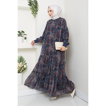 Hb Harma Time Butik Kadın Astarlı Lacivert Şifon Şal Desen Elbise Lacivert Lacivert