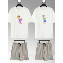 Unisex Kadın Erkek Bugs Bunny Ve Lola Baskılı Sevgili Çift Kombini Tasarım Oversize Tshirt Ve Şort Beyaz-gri Mck2309 Beyaz-Gri