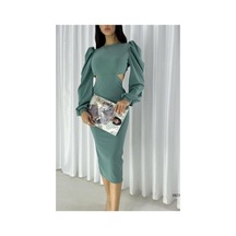 Lior Design Kadın Şık Krep Kumaş Degaje Yaka Yırtmaçlı Midi Abiye Elbise Mint
