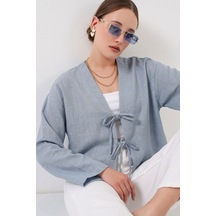 Bigdart Önü Bağlamalı Keten Kimono 960 - Açık Mavi