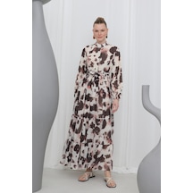 Puane 12601 Kadın Desenli Elbise Beıge-brown