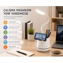 Şarjlı Led Masa Lambası Dokunmatik 3 Modlu Telefon Tutuculu Kalemlik Organizerli Esnek Gövdeli Çalışma Lambası Beyaz