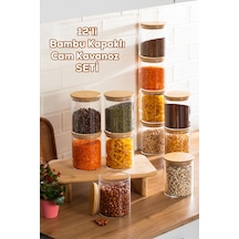 Porsima 1-4 Bambu Vakumlu Kapaklı Yuvarlak Cam 12li Kavanoz Seti Saklama Kabı 750ml 10x12cm
