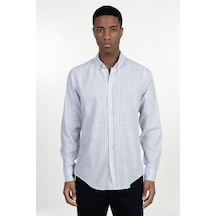 Tudors Slim Fit Uzun Kol Çizgili Keten Düğmeli Yaka Spor Erkek Mavi Gömlek-26929-mavi Mavi