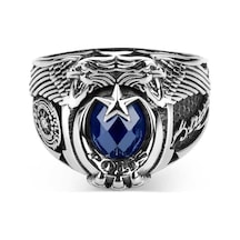 Kartal Figürlü Atatürk Imzalı Mavi Zirkon Taşlı Özel Tasarım 925 Ayar Gümüş Polis Yüzüğü