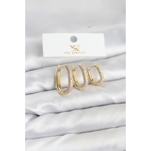Pirinç Gold Renk Zirkon Taşlı Halka Model Ysx Trio Küpe Seti - Çok Renkli