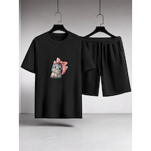 Uyguntarz Unisex Minnoş Tasarım Basklı Tshirt Şort Takımı Siyah