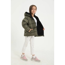 Spor Kız Çocuk Polarlı Kürklü Kapüşonlu Su Geçirmez Rüzgara Dayanıklı Şişme Mont-107 Haki
