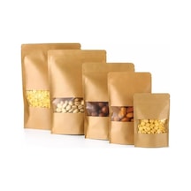 Pencereli Kraft Doypack Dik Duran Poşetler 50'li Paket, Şeffaf Pencereli, Kilitli Ziplock Ve Kolay Açma Çentik Diğer