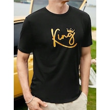 King T-shirt - Siyah Baskılı Oversize Bisiklet Yaka Kısa Kol Tişört Siyah