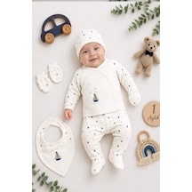 Sitilin Erkek Bebek 5'li Hastane Çıkışı Seti %100 Pamuk Yenidoğan Bebek Hediyesi Zıbın Takımı Mavi Stl7217 Beyaz