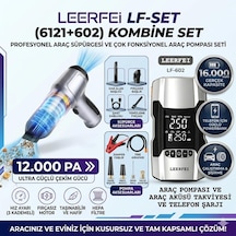 Leerfei Kombine Set: Akü Takviyeli Lastik Şişirme Pompası + Kablosuz Araç Süpürgesi + 16000mah Powerbank