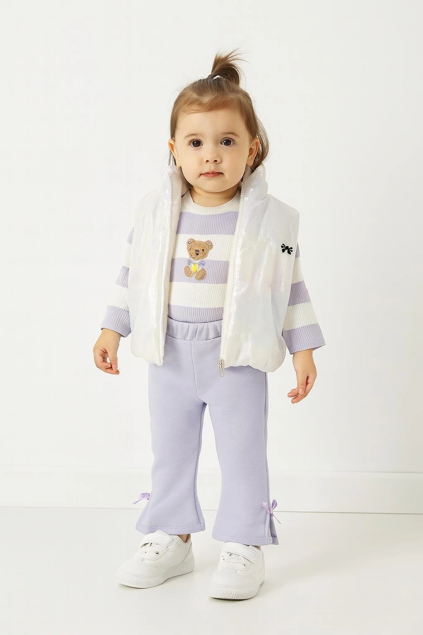 Kız Bebek 3 Lü Takım Yelekli Teddy Nakışlı Sweatshirt Ve Fiyonklu Pantolon Lila 9-12-18-24 Ay 10695 Lila