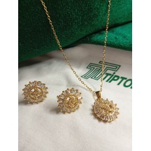Tiptop/ Gold Renk Zirkon Taşlı Güneş Model Kolye Ve Küpe Set Gold