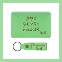 Miaju Fıstık Yeşil, Aşk Sevgi Huzur Yazılı İsme Özel, Cüzdan Ve Anahtarlık Set, İş Arkadaşına Hediye Set Fıstık Yeşil