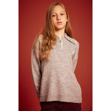 Defacto Kız Çocuk Polo Yaka Triko Kazak G3237a825wngr2 Gri-gr2