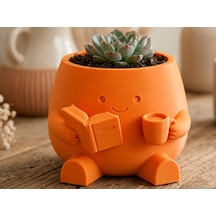 3d Baskı Kitap Okuyan Saksı - Kupa Tutan Sevimli Saksı-turuncu Çok Renkli