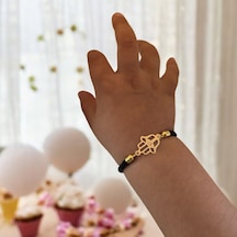 Ü Harfine Özel Hamsa Motifli 14 Ayar Altın Plakalı Siyah İpek Örgülü Hediye Bileklik-509harf Ü