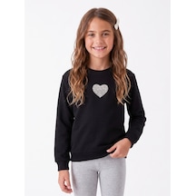 Onloox Kız Çocuk Siyah Kız Çocuk Siyah Pamuklu Bisiklet Yaka Uzun Kollu İnci Taşlı Kalp Desenli Sweatshirt 9-14 Yaş