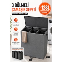 Esti 128 Litre 3 Bölmeli Kapaklı Çamaşır Sepeti - Taşınabilir İç Torba, Katlanabilir Geniş Hacimli Kirli Sepeti - 59x30,5x71 Cm Antrasit