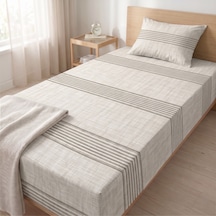 Maki Home %100 Pamuklu Keten Görünümlü Çizgili Açık Bej 120x200 Tek Kişilik Lastikli Çarşaf Seti Minimalist Modern