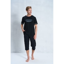 Over Sleep By Poleren Erkek Pijama Takımı Kapri & Bermuda Kısa Kol Siyah