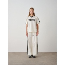 Kız Çocuk Feelings Baskılı Tshirt Pantolon Tasarım Takım-15516 Ekru