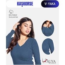Alya Underwear Pamuklu Kaşkorse V Yaka Body Sweatshirt, Fitilli Kumaş Likralı Bluz, Asker Yeşili Badi İndigo Melanj